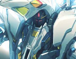  commentary glowing glowing_eyes gundam gundam_hathaway&#039;s_flash highres ishiyumi mecha mobile_suit no_humans penelope_(hathaway&#039;s_flash) red_eyes robot science_fiction shaded_face upper_body 