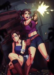  2girls alternate_universe belt bike_shorts blue_eyes breasts brown_hair claire_redfield cleavage commission crop_top denim fingerless_gloves gloves gun handgun highres holding jacket jill_valentine long_hair looking_at_viewer multiple_girls ponytail qtori resident_evil resident_evil_2 resident_evil_3:_nemesis short_hair simple_background skirt weapon 