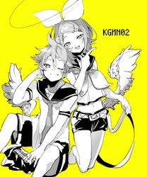  1boy absurdres bare_shoulders bass_clef belt black_sailor_collar black_shorts bow commentary crop_top feathered_wings female finger_gun greyscale_with_colored_background hair_ornament hairbow hairclip half-closed_eyes headphones highres holding holding_belt kagamine_len kagamine_rin kneeling looking_at_viewer low_wings midriff monochrome navel neckerchief necktie one_eye_closed open_mouth oyamada_gamata sailor_collar school_uniform shirt short_hair short_shorts short_sleeves shorts single_wing sitting sleeveless sleeveless_shirt smile spiked_hair swept_bangs symbol-only_commentary unworn_sleeves vocaloid white_bow white_shirt wings yellow_background 