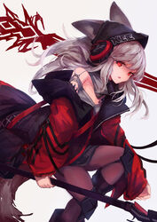  absurdres animal_ears arknights bare_shoulders beanie black_hat black_pantyhose commentary feet_out_of_frame female fox_ears fox_tail frostleaf_(arknights) grey_hair grey_shirt hat headphones highres holding holding_weapon implied_extra_ears jacket knee_pads long_hair material_growth off_shoulder open_clothes open_jacket open_mouth oripathy_lesion_(arknights) pantyhose photoshop_(medium) red_eyes red_jacket shirt solo tail trrcmb weapon 