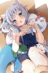  animal_ears bloop_(gawr_gura) blue_dress blue_eyes blush box cat_ears chestnut_mouth chibi collarbone commentary dress female fins fish_tail gawr_gura gawr_gura_(casual) grey_hair highres hololive hololive_english in_box in_container looking_at_viewer lying oerba_yun_fang open_mouth paw_pose paw_print seboneko shark_tail short_dress sleeveless smol_gura solo tail toes virtual_youtuber 