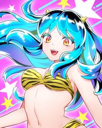  animal_print bikini commentary_request cone_horns fangs female green_hair hatorion highres horns linea_alba lum midriff multicolored_background navel open_mouth pointy_ears smile solo star_(symbol) strapless strapless_bikini swimsuit tiger_print urusei_yatsura yellow_bikini 