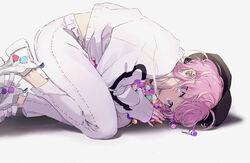  1boy amemura_ramuda black_hat blue_eyes candy cigarette commentary_request feet_out_of_frame food food_print foot_up from_side hat highres holding hypnosis_mic lollipop long_sleeves looking_at_viewer male_focus micaoz mouth_hold pants pink_hair prostration shoes smoke smoking sneakers solo sweater white_background white_footwear white_pants white_sweater 