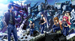  1boy 5girls artist_name assault_visor ayamine_kei black_hair black_jacket black_tank_top blue_hair blue_pants breasts brown_hair commentary_request f-4j_gekishin green_eyes green_visor grey_shirt hair_ears halterneck hand_on_own_hip hands_in_pockets head-mounted_display highres jacket mecha medium_breasts mitsurugi_meiya multiple_girls muv-luv muv-luv_alternative pants popgun_(22882502) purple_eyes robot rubble sakaki_chizuru science_fiction shirogane_takeru shirt short_hair smile tactical_surface_fighter tamase_miki tank_top twintails type_00_takemikazuchi type_94_shiranui type_97_fubuki waving yoroi_mikoto 