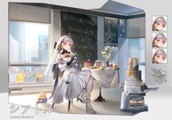  :3 ahoge artist_name azur_lane black_gloves blue_ribbon box breasts bridal_veil bride cannon chair character_name cityscape cleavage closed_mouth crossed_legs cup dress eagle_union_(emblem) english_commentary english_text expressions female fish flower food gift gift_box gloves high_heels highres holding holding_cup indoors janyhero large_breasts looking_at_viewer manjuu_(azur_lane) mug pancake pantyhose plate ribbon seattle_(azur_lane) silver_footwear sitting smile solo sunfish table translated vase veil wedding_dress white_dress white_hair white_pantyhose window yellow_eyes 