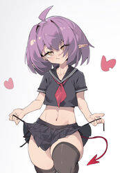  absurdres ahoge black_skirt chinese_commentary closed_mouth commentary_request cowboy_shot crop_top demon_tail eyes_visible_through_hair female hair_over_one_eye head_tilt heart highres iyasu_shikaku looking_at_viewer medium_hair midriff navel neckerchief oerba_yun_fang original panties pleated_skirt pointy_ears purple_hair red_neckerchief sailor_collar school_uniform serafuku side-tie_panties simple_background skirt smile solo standing stomach tail teasing thighhighs thighs underwear untying white_background yellow_eyes 