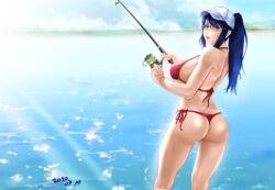  ass bikini blue_eyes blue_hair blush breasts dated day female fishing fishing_rod glasses hat holding holding_fishing_rod houkago_teibou_nisshi large_breasts looking_at_viewer looking_back ocean oono_makoto open_mouth outdoors ponytail radiang102 red_bikini shiny_skin side-tie_bikini_bottom sideboob sky smile solo standing swimsuit thong_bikini 