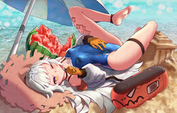  absurdres anklet azur_lane barefoot beach beach_umbrella blue_one-piece_swimsuit breasts chinese_commentary choker commentary_request cross day feet female food food_on_face fruit full_body gloves grey_hair hat highres iron_cross iyasu_shikaku jacket jewelry long_hair looking_at_viewer lying mole mole_under_eye ocean on_back one-piece_swimsuit one_eye_closed sand sand_castle sand_sculpture school_swimsuit small_breasts solo straw_hat sun_hat sunlight swimsuit tattoo thigh_strap toes umbrella very_long_hair water watermelon yellow_eyes yellow_gloves z46_(azur_lane) z46_(her_first_summer)_(azur_lane) 