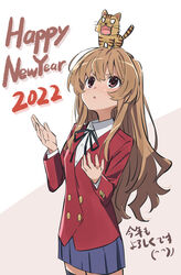  2022 aisaka_taiga animal_on_head black_ribbon blazer brown_eyes brown_hair chinese_zodiac collared_shirt cowboy_shot female hands_up happy_new_year jacket long_hair looking_up neck_ribbon new_year on_head oohashi_high_school_uniform palmtop_tiger parted_lips ribbon school_uniform shirt skirt thighhighs tiger toradora! two-tone_background white_shirt yamaguchi_satoshi year_of_the_tiger zettai_ryouiki 