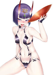  absurdres alcohol bad_id bad_pixiv_id bare_shoulders blush bob_cut breasts bridal_gauntlets collarbone cup eyeliner fate/grand_order fate_(series) female headpiece highres horns kido_airaku looking_at_viewer makeup navel oni open_mouth pouring pouring_onto_self purple_eyes purple_hair revealing_clothes sakazuki sake short_hair shuten_douji_(fate) simple_background sitting skin-covered_horns small_breasts smile solo thighs tongue tongue_out white_background 