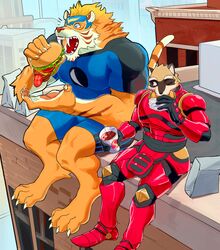  2023 absurd_res anthro armor barefoot beard beverage big_pecs burger cat_n1p catn1p city claws clothed clothing colored costume detailed_background digital_media_(artwork) duo ear_piercing eating facial_hair fangs fast_food feet felid fluffy food fully_clothed fur hi_res inner_ear_fluff looking_at_another male mammal mask muscular muscular_male nick_saunders_(templar) one_eye_closed open_mouth orange_body orange_fur outside pantherine paws pecs piercing procyonid raccoon rooftop sabertooth_(anatomy) sitting size_difference spandex stripes super-nova superhero tail teeth tiger tight_clothing tuft vince_(super-nova) white_body white_fur yellow_body yellow_fur 