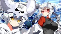  1boy bad_id bad_pixiv_id barcode black_vest blue_hair blush breasts closed_mouth collared_shirt commentary demon_girl demon_tail female goggles hand_up helltaker highres holding hood hood_down hoodie horns kimautomne lab_coat large_breasts long_hair long_sleeves looking_at_viewer loremaster_(helltaker) necktie outline ponytail red_eyes red_shirt shirt short_hair skull smile subject_67_(helltaker) symbol-only_commentary tail tinted_eyewear upper_body vest white_hair white_hoodie white_outline yellow_eyes 