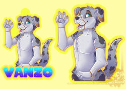  2023 5_fingers absurd_res badge bust_portrait canid canine canis cawbaret dipstick_ears domestic_dog ear_markings fingers fur grey_body grey_fur hi_res mammal multicolored_ears portrait signature solo tail text url 