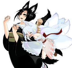  2girls :3 :d animal_ear_fluff animal_ears bare_shoulders black_hair black_kimono black_nails black_sclera blue_hair blush closed_eyes colored_sclera d: detached_sleeves doitsuken fingernails fox_ears fox_tail green_sash highres hug hug_from_behind japanese_clothes kimono kitsune kitsune_spirit_(doitsuken) long_sleeves multicolored_hair multiple_girls multiple_tails nail_polish obi open_mouth original pink_kimono sash sharp_fingernails sharp_teeth simple_background smile tail teeth whiskers white_background yellow_eyes 