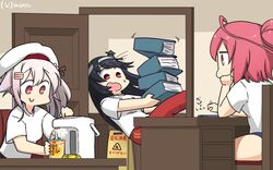  3girls airpot alternate_costume black_hair book cellphone commentary_request cup_ramen dated desk door flower fusou_(kancolle) gradient_hair hair_flower hair_ornament hamu_koutarou harusame_(kancolle) headband highres i-168_(kancolle) kantai_collection long_hair multicolored_hair multiple_girls one-hour_drawing_challenge pants phone pink_hair ponytail red_eyes red_hair red_pants ribbon shirt side_ponytail sign smartphone t-shirt track_pants tripping water_boiler white_shirt 