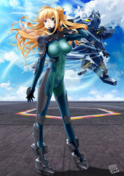  absurdres assault_visor cloud commentary commission covered_nipples f-18_hornet_(muvluv) female floating_hair flying fortified_suit full_body green_eyes hair_bun hand_in_own_hair highres lilia_kjellberg long_hair mecha muv-luv muv-luv_alternative muv-luv_unlimited:_the_day_after open_hand pilot_suit popgun_(22882502) robot science_fiction single_side_bun sky standing tactical_surface_fighter 