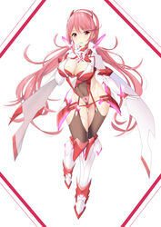  ass_visible_through_thighs boots breasts chest_jewel cleavage cleavage_cutout clothing_cutout daive elbow_gloves female full_body gloves hand_to_own_mouth highres knee_boots large_breasts long_hair looking_at_viewer low_twintails pink_hair prototype_design pubic_tattoo pyra_(xenoblade) pyra_(xenoblade)_(prototype) red_eyes revealing_clothes see-through shrug_(clothing) simple_background solo standing tattoo twintails very_long_hair xenoblade_chronicles_(series) xenoblade_chronicles_2 