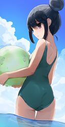  ass ball black_hair blue_sky casual_one-piece_swimsuit cloud commentary cowboy_shot day female from_behind green_ball green_one-piece_swimsuit hair_bun highres hiroki_(yyqw7151) holding holding_ball looking_at_viewer looking_back one-piece_swimsuit outdoors profile purple_eyes shima_rin short_hair sidelocks single_hair_bun sky solo standing swimsuit thigh_gap wading water yurucamp 