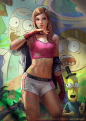  1boy absurdres alternate_hairstyle andy_liong brown_eyes brown_hair commentary contrapposto crop_top english_commentary female graffiti hair_over_shoulder hand_wraps hat highres midriff morty_smith mr._poopybutthole mural navel off_shoulder paint_on_body paint_on_clothes rick_and_morty rick_sanchez short_shorts shorts summer_smith top_hat 