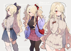  :d ahoge alternate_costume bag black_bow black_shirt blonde_hair blue_skirt blush bow bowtie brown_bow brown_legwear closed_mouth contrapposto edel_(ikeuchi_tanuma) female food-themed_bag grey_background grey_sweater hair_over_one_eye hairbow ikeuchi_tanuma jacket leg_warmers long_hair long_sleeves looking_at_viewer miniskirt multiple_views one_eye_covered one_side_up open_mouth original pantyhose pink_skirt ponytail purple_jacket red_bow red_eyes ribbed_sweater shirt shoulder_bag skirt smile standing strawberry_bag sweater thighhighs twintails twitter_username v very_long_hair zettai_ryouiki 