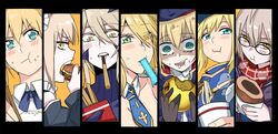  6+girls :t ahoge apple artoria_caster_(fate) artoria_caster_(second_ascension)_(fate) artoria_pendragon_(alter_swimsuit_rider)_(fate) artoria_pendragon_(alter_swimsuit_rider)_(second_ascension)_(fate) artoria_pendragon_(fate) artoria_pendragon_(lancer)_(fate) artoria_pendragon_(lancer_alter)_(fate) artoria_pendragon_(swimsuit_ruler)_(fate) baseball_cap bikini black-framed_eyewear black_bikini black_coat blonde_hair blouse blue_neckwear blue_scarf blue_serafuku blush bowl braid burger check_commentary chopsticks coat column_lineup commentary_request dark_persona detached_collar dos_(james30226) duffel_coat eating eye_contact fate/grand_order fate/stay_night fate_(series) feather_boa food food_in_mouth food_on_face french_braid fruit glasses golden_apple green_eyes hair_through_headwear hat incoming_pocky_kiss jacket jacket_on_shoulders leotard long_hair looking_at_another maid maid_bikini maid_headdress mouth_hold multiple_girls mysterious_heroine_x_(fate) mysterious_heroine_x_alter_(fate) mysterious_heroine_x_alter_(first_ascension)_(fate) nissin_cup_noodle noodles photoshop_(medium) plaid plaid_scarf pocky pocky_kiss popsicle ramen red_scarf rice rice_bowl rice_on_face saber_(fate) scarf school_uniform serafuku shirt swimsuit unconventional_maid white_leotard yellow_eyes 