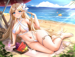  absurdly_long_hair azur_lane beach beach_umbrella bikini blonde_hair blue_eyes blue_sky blush breasts brest_(azur_lane) brest_(marine_muse)_(azur_lane) choker closed_mouth cloud collarbone criss-cross_halter cup day drinking_glass elf female flower food fruit full_body grapes hair_flower hair_ornament halterneck hand_in_own_hair highleg highleg_bikini highres horizon itacho_(itasha_draws) large_breasts long_hair looking_at_viewer lying manjuu_(azur_lane) navel o-ring ocean official_alternate_costume on_side orange_(fruit) outdoors peach pointy_ears sky smile solo swimsuit thigh_strap umbrella very_long_hair water watermelon white_bikini white_flower 