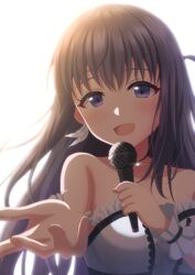  :d absurdres black_hair blue_eyes female highres idol idoly_pride long_hair looking_at_viewer microphone nagase_mana open_mouth smile solo yorumiru 