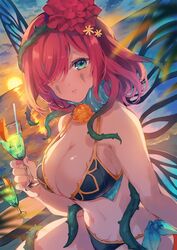  alternate_costume beach bikini black_bikini blue_eyes breasts commission cup female fire_emblem fire_emblem_heroes food fruit hair_over_one_eye hair_vines highres holding holding_cup ice ice_cube large_breasts lemon lemon_slice looking_at_viewer melon_soda purple_hair second-party_source skeb_commission sunset swimsuit tamaki_iori triandra_(fire_emblem) 