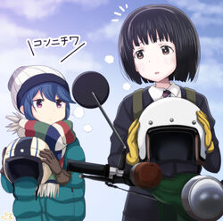  2girls black_hair blue_eyes bob_cut brown_eyes commentary crossover dated_commentary gloves hat helmet honda_super_cub jacket koguma_(super_cub) motorcycle_helmet multiple_girls purple_eyes samenoido scarf school_uniform shima_rin short_hair super_cub trait_connection translated unworn_headwear unworn_helmet winter_clothes yurucamp 