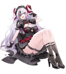  azur_lane black_dress black_footwear black_gloves black_hair black_socks blush breasts cbmus cleavage cross dress elbe_(azur_lane) elbe_(time_to_show_off?)_(azur_lane) female frilled_dress frills full_body gloves grey_hair hair_between_eyes hair_ribbon high_heels highres iron_cross kneehighs large_breasts long_hair maid_headdress multicolored_hair oerba_yun_fang open_mouth red_ribbon ribbon simple_background sitting skin_fang skindentation socks solo streaked_hair thigh_strap very_long_hair white_background 