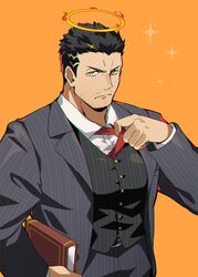  1boy bara black_hair black_jacket black_pants black_vest book buttons closed_mouth collared_shirt facial_hair formal halo highres holding holding_book jacket large_pectorals looking_at_viewer male_focus muscular muscular_male necktie nizitaro official_alternate_costume open_clothes open_jacket pants pectorals shirt short_hair simple_background solo stubble tokyo_afterschool_summoners vest white_shirt yellow_eyes zabaniyya_(fashionista_suit)_(housamo) zabaniyya_(housamo) 