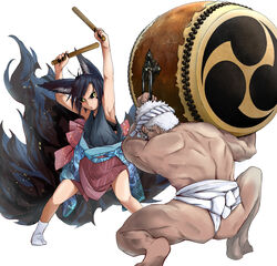  1boy animal_ears armpits black_bra black_hair black_nails black_sclera bra colored_sclera doitsuken drum facial_mark female fingernails fox_ears fox_tail fundoshi glasses green_eyes hands_up highres holding husband_and_wife instrument japanese_clothes kitsune kitsune_spirit_(doitsuken) legs_apart mitsudomoe_(shape) multiple_tails music nail_polish original parted_lips playing_instrument short_hair simple_background squatting tabi taiko_drum taiko_sticks tail tomoe_(symbol) underwear white_background white_hair white_legwear 