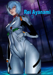  asdj ayanami_rei bandage_over_one_eye bandaged_head bandages blue_hair bodysuit breasts cameltoe character_name clip_studio_paint_(medium) commentary covered_navel cowboy_shot female hairpods highres interface_headset neon_genesis_evangelion plugsuit red_eyes skin_tight small_breasts solo standing wading white_bodysuit 