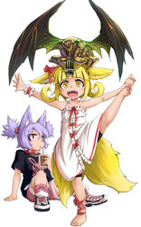  2girls :d animal animal_ears animal_on_head ankle_ribbon arm_support barefoot bike_shorts black_shirt blonde_hair blunt_bangs bug cicada coffee collar cup curly_hair disposable_coffee_cup disposable_cup dog_child_(doitsuken) doitsuken dress drinking drinking_straw ears_down energy_drink fox_child_(doitsuken) fox_ears fox_tail highres holding_own_foot leg_ribbon looking_at_viewer monster_energy multiple_girls multiple_tails on_head open_mouth original outstretched_arms oversized_animal pink_shorts purple_hair red_eyes red_ribbon ribbon shirt shoes short_hair shorts simple_background sitting slit_pupils smile spiked_collar spikes split spread_arms standing standing_on_one_leg standing_split tail thick_eyebrows twintails two_tails white_background white_dress wristband yellow_eyes 