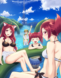  1boy 3girls :d ahoge animal_ear_fluff animal_ears arm_up back bad_id bad_pixiv_id bikini bikini_skirt black_bikini black_bow black_choker blue_background blue_skirt blue_sky blunt_bangs blush bow breasts brown_eyes brown_hair choker closed_eyes closed_mouth cloud cloudy_sky collarbone commentary_request cowboy_shot crossed_legs day eyelashes facing_viewer feet_out_of_frame folded_ponytail foot_out_of_frame fox_ears fox_girl frilled_tankini from_behind green_background hair_ribbon highres hood hood_down hoodie kemurikusa large_breasts leaning_forward legs long_hair looking_at_viewer looking_back medium_breasts medium_hair middouei_(ms-alma-tribe) midori_(kemurikusa) multicolored_background multiple_girls navel o-ring o-ring_bikini o-ring_top open_hand open_mouth outdoors partially_submerged profile raised_eyebrows red_eyes red_hair red_ribbon ribbon rin_(kemurikusa) rina_(kemurikusa) ritsu_(kemurikusa) rock sarong shiro_(kemurikusa) short_hair shorts sidelocks sideways_glance sitting skirt sky smile standing stomach swimsuit tankini tower twintails wading wakaba_(kemurikusa) water waving white_background white_bikini white_hoodie white_shorts 