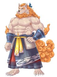  abs anthro armguards armpit_hair asian_clothing asian_mythology biceps big_muscles biped black_nose blue_eyes body_hair clothed clothing colored east_asian_clothing east_asian_mythology elbow_fur eyebrows foo_dog fur hair hands_on_hips hi_res japanese_clothing japanese_mythology komainu male mammal muscular muscular_anthro muscular_male mythology orange_eyebrows orange_hair orange_pubes orange_tail pecs pubes sdorica shirtless simple_background solo tail tan_body tan_fur thick_eyebrows toyokuni weedwolf white_background yokai 