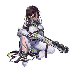  ankle_cuffs black_gloves bound bound_ankles breasts brown_hair chains commentary_request cuffs female fingerless_gloves full_body gloves goddess_of_victory:_nikke green_hair guilty_(nikke) gun hair_behind_ear high_heels hobble holding holding_gun holding_weapon huge_breasts long_hair mikan03_26 multicolored_hair official_art purple_eyes shackles solo squatting straitjacket streaked_hair tiptoes very_long_hair weapon white_background 