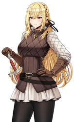  absurdres azur_lane blonde_hair commentary commission cosplay cowboy_shot english_commentary female fire_emblem fire_emblem_fates gambeson highres king_george_v_(azur_lane) long_hair pantyhose red_eyes saikunartworks selena_(fire_emblem_fates) selena_(fire_emblem_fates)_(cosplay) simple_background sword weapon white_background 