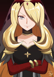  absurdres blonde_hair choker closed_mouth collarbone commentary_request crossed_arms cynthia_(pokemon) cynthia_(sygna_suit)_(renegade)_(pokemon) eyelashes female grey_eyes hair_ornament hair_over_one_eye highres ida_(idalol490) long_hair looking_at_viewer official_alternate_costume pokemon pokemon_masters_ex signature smile solo upper_body 