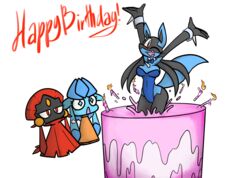  absurd_res alpha_channel anthro auriia_(pencil-arts) birthday black_body black_fur black_skin blue_body blue_eyes blue_fur bow_(feature) bow_tie breasts bunny_costume cake candle carmine_(pencil-arts) chibi clothing costume cuff_(restraint) dessert eeveelution english_text eyelashes fan_character fangs female fire food food_fetish food_play fur generation_4_pokemon glaceon hi_res looking_at_viewer lucario nintendo one_eye_closed open_mouth pencil-arts pokemon pokemon_(species) pop_out_cake red_eyes restraints simple_background spikes sweater teeth text tongue topwear transparent_background weavile wink wrist_cuffs 