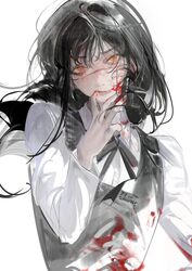  absurdres black_hair black_vest blood blood_on_clothes blood_on_face chainsaw_man collared_shirt dated female finger_in_own_mouth finger_to_mouth highres kurikabacha long_hair looking_at_viewer neck_ribbon orange_eyes ribbon ringed_eyes scar scar_on_cheek scar_on_face scar_on_nose school_uniform shirt signature simple_background solo upper_body vest white_background white_shirt yellow_eyes yoru_(chainsaw_man) 