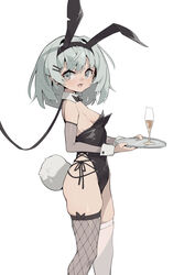  absurdres animal_ears asymmetrical_legwear bare_shoulders black_bow black_bowtie black_leotard bow bowtie champagne_flute chinese_commentary commentary_request cup detached_collar drinking_glass fake_animal_ears fake_tail female fishnet_thighhighs fishnets from_side grey_eyes grey_hair highres holding holding_tray iyasu_shikaku leash leotard looking_at_viewer medium_hair original playboy_bunny rabbit_ears rabbit_tail simple_background single_thighhigh sleeveless solo standing tail thighhighs tray white_background wrist_cuffs 