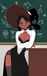  black_dress black_eyes black_hair black_hat breasts chalkboard check_copyright cleavage copyright_request counter cowboy_shot cross-laced_clothes crossed_arms dark-skinned_female dark_skin dress earrings female grey_thighhighs grin harrymiao hat highres holding holding_pointer holding_wand jewelry leaning_to_the_side long_hair long_sleeves looking_at_viewer original pearl_earrings pentagram pointer self_hug shrug_(clothing) side-tie_dress side_slit smile solo teacher thighhighs wand wide_sleeves witch witch_hat 