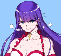  aoba_(smartbeat) bare_shoulders bikini blue_eyes breasts choker cleavage collarbone cross cross_choker elbow_gloves fate/grand_order fate_(series) female gloves large_breasts long_hair looking_at_viewer martha_(fate) martha_(swimsuit_ruler)_(fate) martha_(swimsuit_ruler)_(third_ascension)_(fate) purple_hair red_gloves smile solo sweat swimsuit white_bikini 