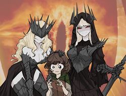  3girls age_difference armor bare_shoulders black_eyes black_sclera blonde_hair breastplate breasts brown_hair centurii-chan_(artist) cleavage cloak closed_mouth collarbone colored_sclera commentary covered_eyes dress english_commentary eye_of_sauron frodo_baggins gauntlets genderswap_(mtf) headpat highres holding holding_jewelry holding_ring holding_sword holding_weapon hood hood_up hooded_cloak jewelry large_breasts long_hair mouth_of_sauron multiple_girls nazgul nervous onee-loli red_eyes ring rule_63 sauron smile spikes sword the_lord_of_the_rings the_one_ring thighhighs tolkien&#039;s_legendarium visor_(armor) weapon yuri 