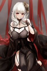  absurdres azur_lane black_dress breasts cleavage detached_collar dress drill_hair drill_sidelocks evening_gown female hat highres large_breasts long_hair looking_at_viewer luetzow_(azur_lane) luetzow_(everlasting_blood_banquet)_(azur_lane) mini_hat official_alternate_costume plain_64 red_eyes sidelocks sleeveless sleeveless_dress solo white_hair 