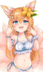  animal_ears bikini blue_eyes blush close-up crossed_bangs eight-tailed_fox_nari female flat_chest flower fox_ears fox_girl guardian_tales hair_flower hair_ornament highres long_hair looking_at_viewer multiple_tails navel official_alternate_costume open_mouth orange_hair solo swimsuit tail user_ttkt7834 white_background white_bikini 