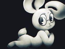  4:3 anthro black_background eyewear floppy_ears glasses hasukii hi_res lagomorph leporid looking_at_viewer lying male mammal monochrome on_front parsnip_(game) parsnip_bunner rabbit simple_background slightly_chubby solo teeth young young_anthro 