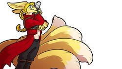  16:9 5_tails blue_eyes canid canine capcom cape clothing cosplay devil_may_cry fox gun hair_braid male mammal multi_tail ranged_weapon simple_background smile stupidshepherd tail tatsu_kimiero weapon white_background widescreen 