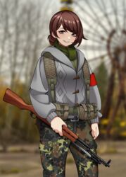  ammunition_pouch armband blurry blurry_background brown_eyes brown_hair camouflage camouflage_pants commentary commission female ferris_wheel green_scarf grey_jacket grey_sky grin gun hair_bun highres holding holding_gun holding_weapon jacket keiita long_sleeves looking_at_viewer military military_jacket military_uniform original outdoors pants pouch red_armband rifle scarf single_hair_bun sks sky smile solo uniform weapon 